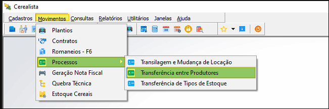 Menu Movimentos do Cerealista com o submenu Processos expandido e a opção Transferência entre Produtores destacada