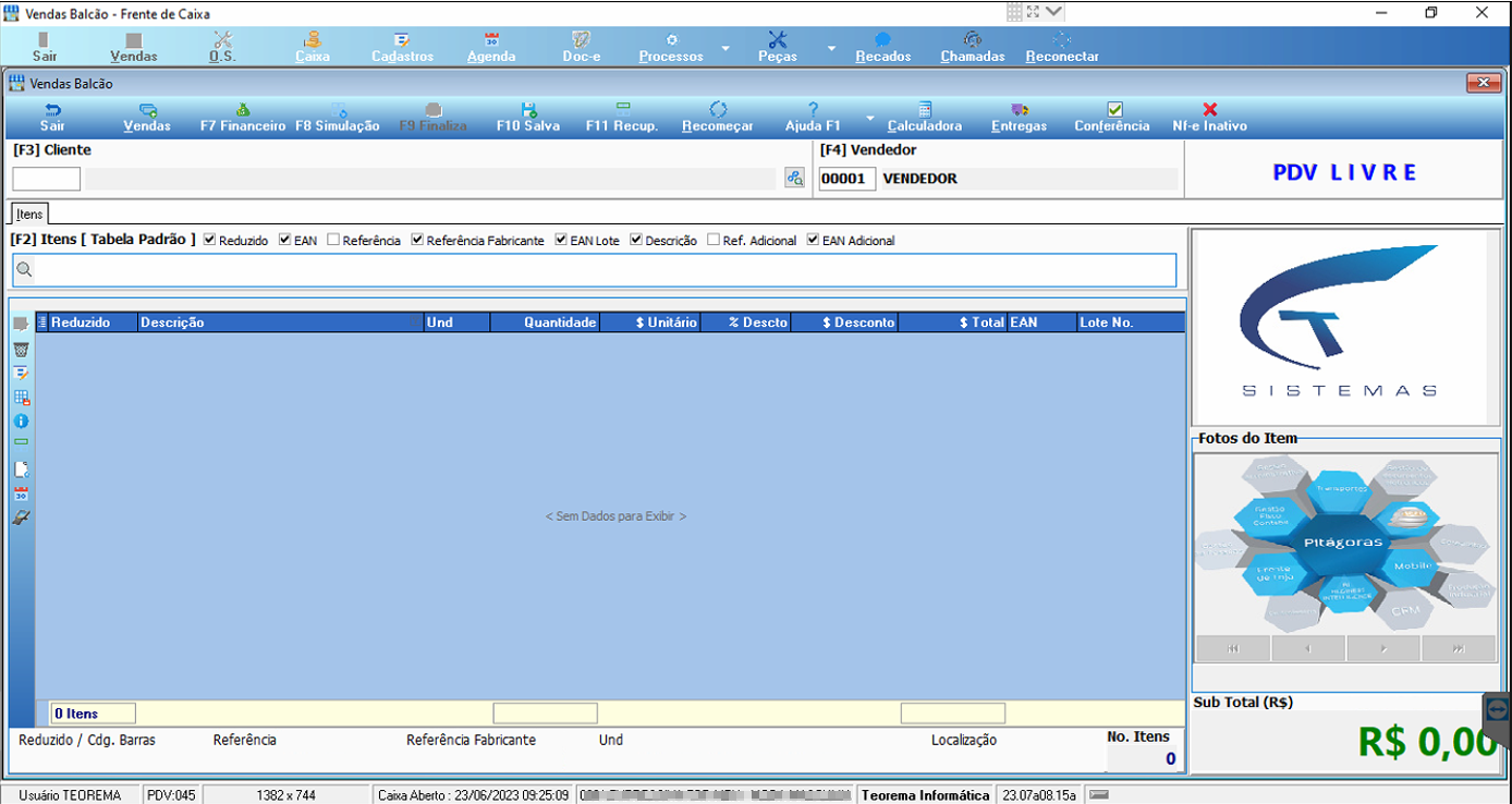 Tela principal do Vendas Balcão (PDV LIVRE) com grid de itens vazio e Sub Total R$ 0,00 no painel lateral