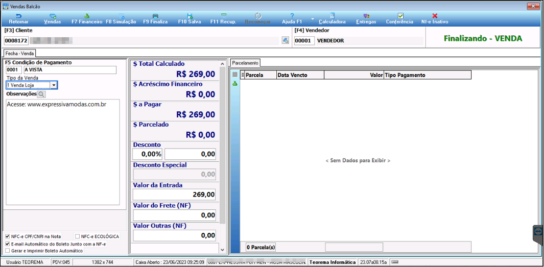 Tela Finalizando - VENDA com painel de valores (Total Calculado R$ 269,00, a Pagar R$ 269,00, Desconto 0,00%) e aba Parcelamento sem parcelas lançadas