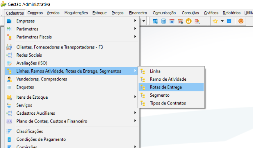 Menu Cadastros do Gestão Administrativa com submenu Linhas, Ramos Atividade, Rotas de Entrega, Segmentos expandido e opção Rotas de Entrega selecionada