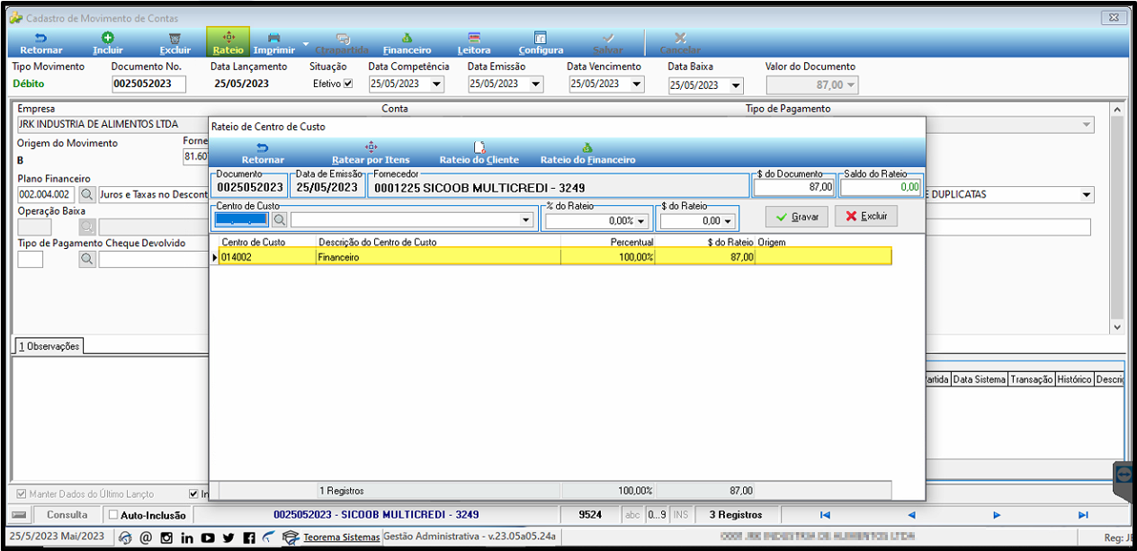Cadastro de Movimento de Contas com janela Rateio de Centro de Custo aberta, exibindo Centro de Custo 014002 Financeiro com 100,00% e valor R$ 87,00 rateado automaticamente