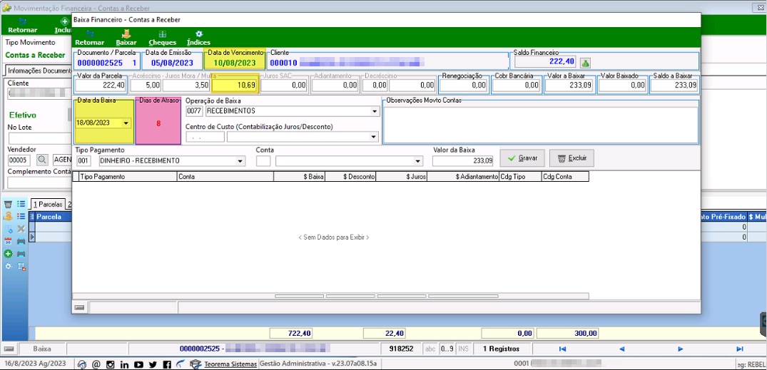Tela Baixa Financeiro — Contas a Receber para documento 0000002525 parcela 1, Data Emissão 05/08/2023, Data de Vencimento 10/08/2023, Saldo Financeiro 222,40, Data da Baixa 18/08/2023, Dias Atraso 8, Juros Mora/Multa 3,50 com campo Juros SAC destacado em amarelo com valor 10,69, Valor a Baixar 233,09