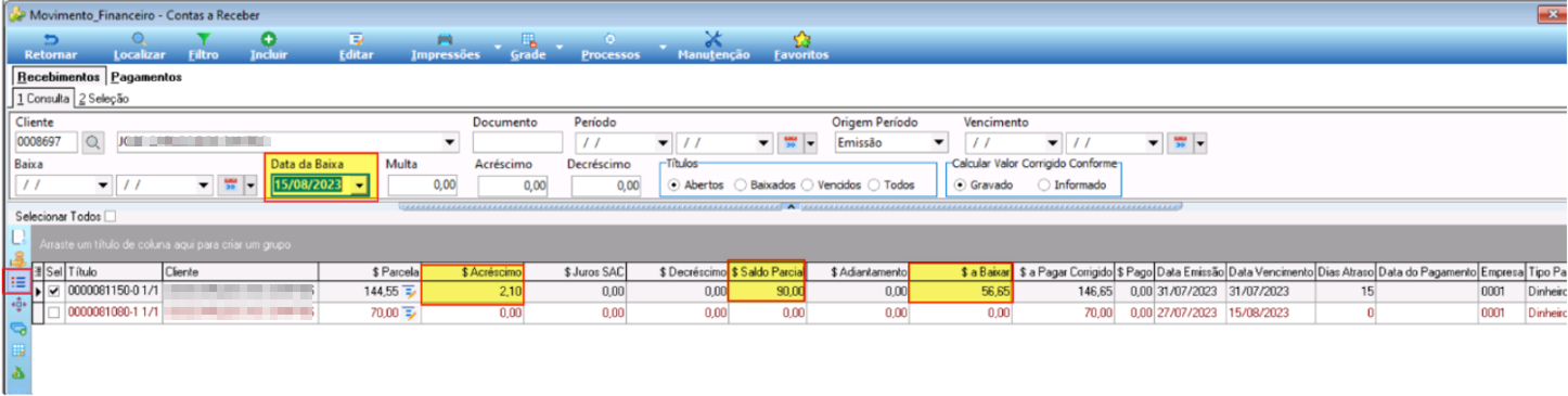Tela Movimento Financeiro — Contas a Receber, aba Recebimentos, com dois títulos selecionados: 0000081150-1/1 (Parcela R$ 144,55, Acréscimo R$ 2,10, Saldo Parcial R$ 90,00, Valor a Baixar R$ 56,65, Data Vencimento 31/07/2023, Dias Atraso 15) e 0000081080-1 1/1 (Parcela R$ 70,00), Data da Baixa 15/08/2023