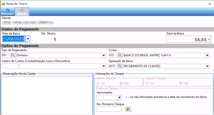Tela Baixa de Títulos com Data da Baixa 15/08/2023, No. Títulos 1, Total da Baixa 56,65, Tipo de Pagamento 001 Dinheiro, Conta 010 BANCO DO BRASIL MATRIZ 12441-9, Operação de Baixa 0072 RECEBIMENTO DE CLIENTES