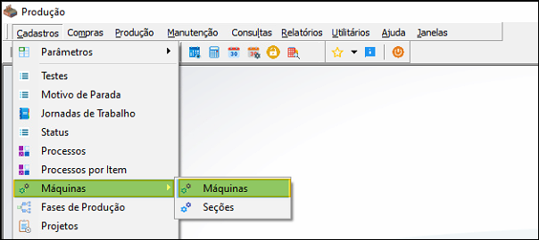 Menu Produção com Cadastros expandido, submenu Máquinas selecionado com as opções Máquinas e Seções