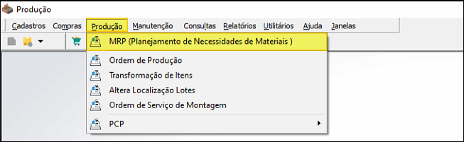 Menu Produção expandido com item MRP (Planejamento de Necessidades de Materiais) destacado; demais opções: Ordem de Produção, Transformação de Itens, Altera Localização Lotes, Ordem de Serviço de Montagem, PCP