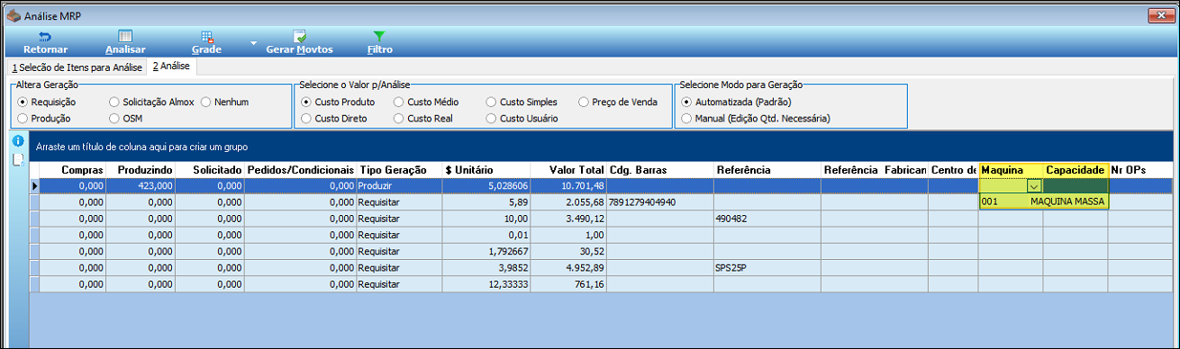Tela Análise MRP, aba 2 Análise: grade com colunas Compras, Produzido, Solicitado, Pedidos/Condicionais, Tipo Geração, $ Unitário, Valor Total, Cfg Barras, Referência, Fabricar, Centro de M., Máquina (valor 001) e Capacidade (valor MAQUINA MASSA); seções Altera Geração e Selecione Modo para Geração visíveis no topo