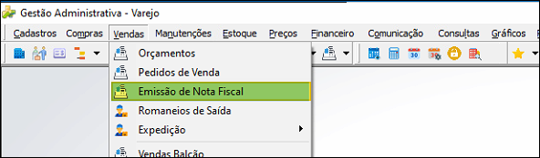 Menu Gestão Administrativa - Varejo com caminho Vendas > Emissão de Nota Fiscal destacado