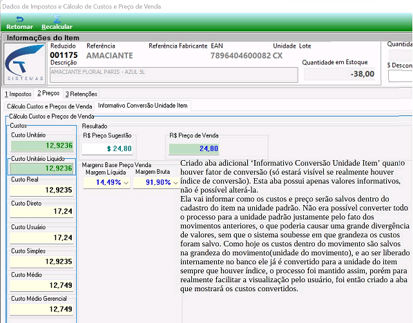 Aba "Informativo Conversão Unidade Item" na tela de Cálculo de Custos e Preço de Venda, exibindo campos de Custo Unidade Líquida, Margens, Preço de Venda e texto explicativo sobre a conversão na unidade adicional