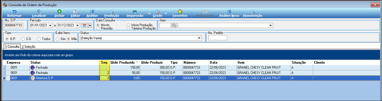 Tela "Consulta de Ordem de Produção" com grid exibindo coluna Seq destacada; três registros do número 0000047733 com sequências 1, 2 e 3, item GRANEL CHESY CLEAN FRUIT, data 22/06/2023