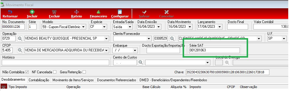 Tela Movimento Fiscal com campo Série SAT preenchido com o valor 007281063, exibindo dados do movimento: NF de compra de mercadoria adquirida ou recebida em terceiros, fornecedor, Série 59 – Cupom Fiscal Eletrônico CF, data de emissão 16/04/2023, data de movimento 16/04/2023