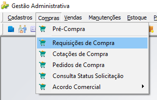 Menu Gestão Administrativa com o submenu Compras expandido e a opção Requisições de Compra destacada.
