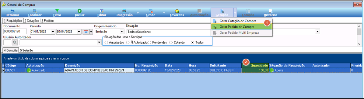 Tela Central de Compras com a aba 1 Requisições ativa. O item 006551 – ADAPTADOR DE COMPRESSAO 25X3/4 aparece com Quantidade 150,00 e Situação da Requisição Aberta. O menu Geração está expandido com a opção Gerar Pedido de Compra destacada.