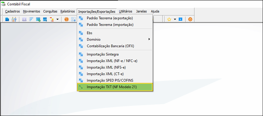 Menu Importações/Exportações do Contábil Fiscal com a opção "Importação TXT (NF Modelo 21)" destacada