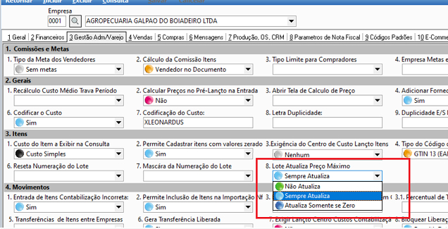 Tela de parâmetros da empresa no módulo Gestão Administrativa, aba "3 Gestão Adm/Varejo", seção "3. Itens", com o campo "8. Lote Atualiza Preço Máximo" expandido exibindo as opções "Não Atualiza", "Sempre Atualiza" (selecionada) e "Atualiza Somente se Zero"