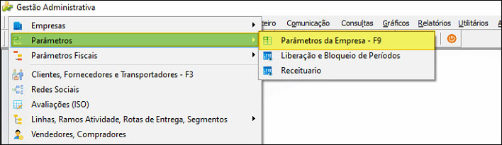 Menu Cadastro > Parâmetros com o item "Parâmetros da Empresa - F9" destacado