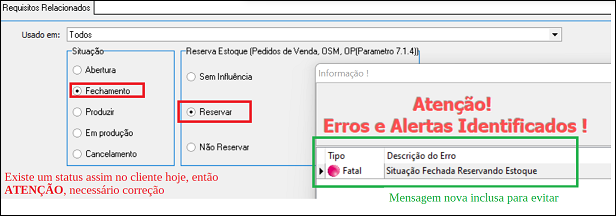 Tela Cadastro de Status com "Usado em: Todos"; status "Fechamento" com opção "Reservar" selecionada e caixa de diálogo "Informação! Erros e Alertas Identificados!" exibindo erro Fatal: "Situação Fechada Reservando Estoque"