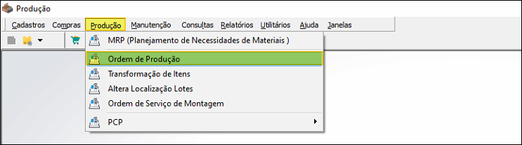 Menu Produção com o item Ordem de Produção destacado em verde