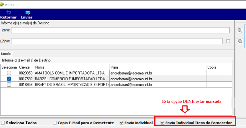 Tela de envio de e-mail com lista de fornecedores (Seleciona, Cliente, Nome, Para, Cópia) e opção "Envio Individual Itens do Fornecedor" marcada na barra inferior