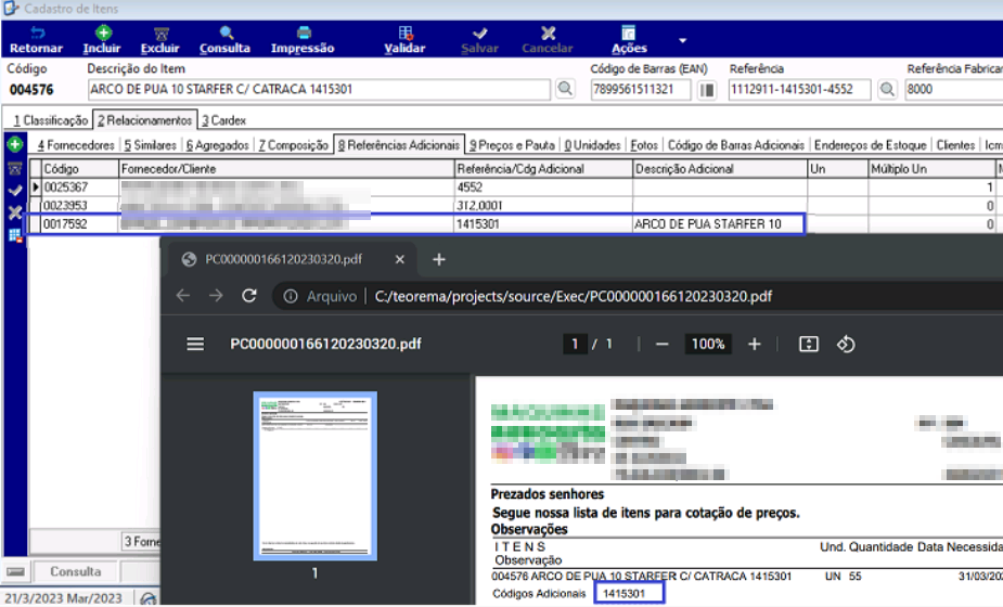 E-mail gerado exibindo lista de itens para cotação de preços com o campo Referência Adicional preenchido (ex.: 1415301 — ARCO DE PUA STARFER 10)