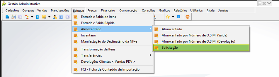 Menu Gestão Administrativa com Estoque expandido, submenu Almoxarifado expandido e opção Solicitação destacada
