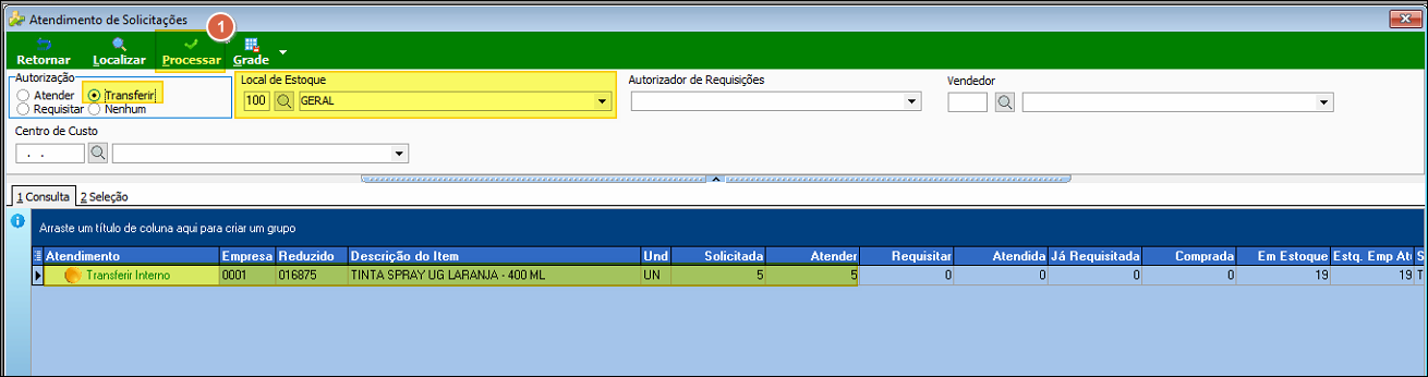 Tela Atendimento de Solicitações com opção Transferir selecionada em Autorização, Local de Estoque 100 GERAL preenchido e grade exibindo item 016875 com Atendimento Transferir Interno, Solicitada 5, Atender 5, Em Estoque 19