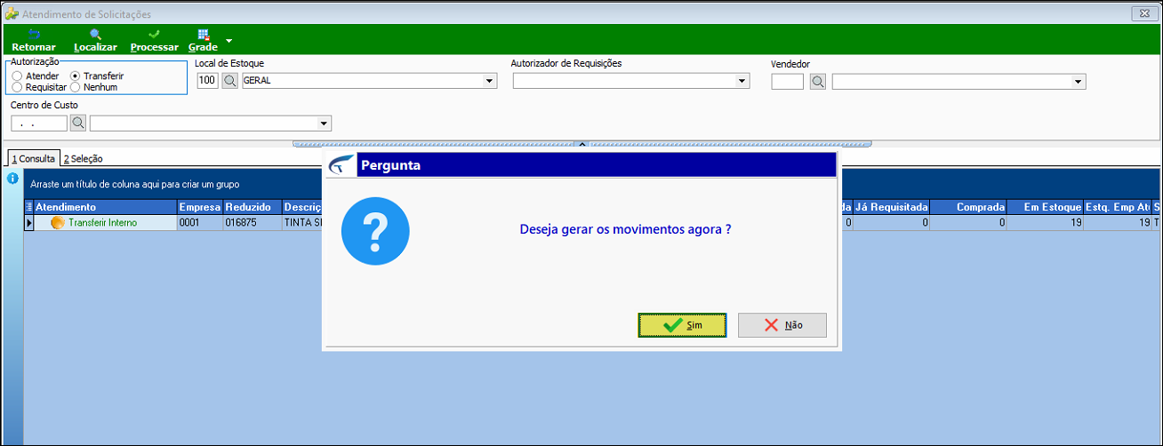 Caixa de diálogo Pergunta com a mensagem "Deseja gerar os movimentos agora?" e botões Sim e Não