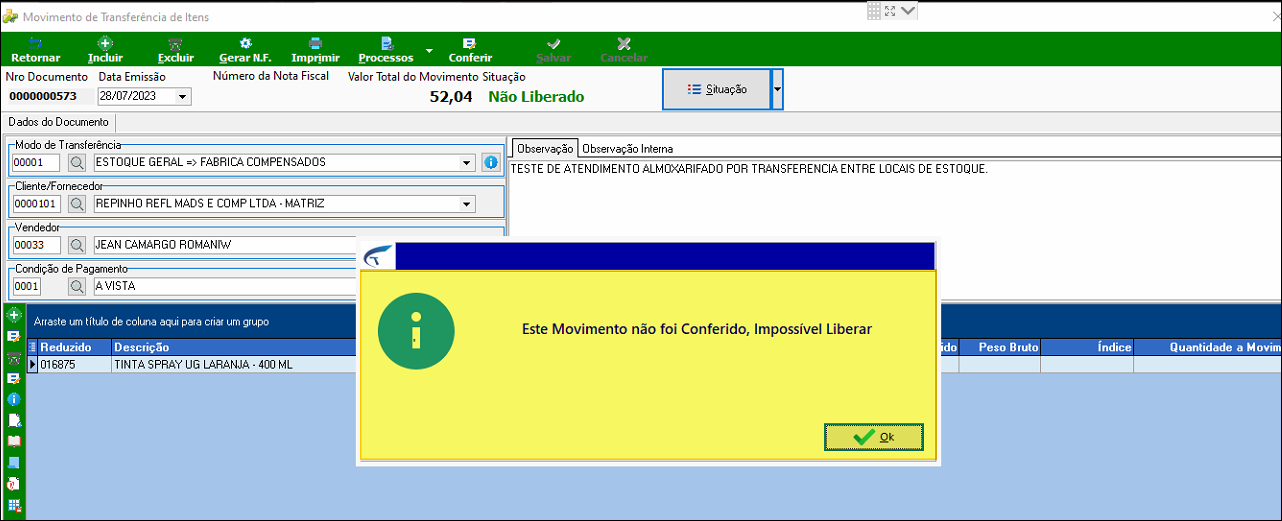 Tela Movimento de Transferência de Itens com caixa de informação "Este Movimento não foi Conferido, Impossível Liberar" e botão Ok