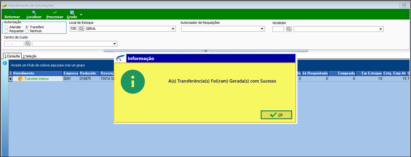 Caixa de informação com a mensagem "A(s) Transferência(s) Foi(ram) Gerada(s) com Sucesso" e botão Ok, sobre a tela Atendimento de Solicitações