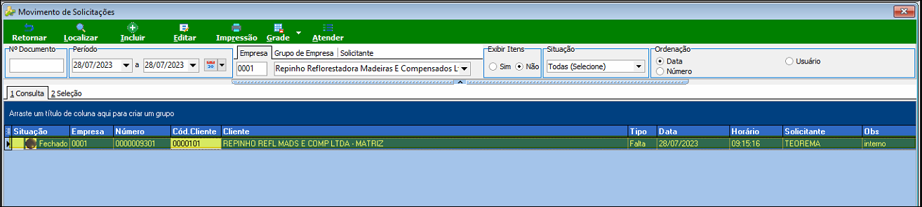 Tela Movimento de Solicitações exibindo a solicitação 0000009301 com situação Fechado, cliente REPINHO REFL MADS E COMP LTDA - MATRIZ, tipo Falta