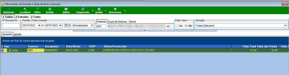 Tela Movimento de Entrada e Saída de Itens e Serviços, aba 1 Saídas, com um registro de Tipo Saída, Empresa 0001, Documento 0000000573, Data Movto 28/07/2023, CFOP 5.926, Valor Total 52,04