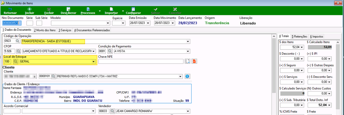 Tela Movimento de Itens com Nro Documento 0000000573, Código de Operação TRANSFERÊNCIA - SAÍDA (ESTOQUE), CFOP 5.926, Local de Estoque 100 GERAL, Liberação Liberado, Data Movimento 28/07/2023