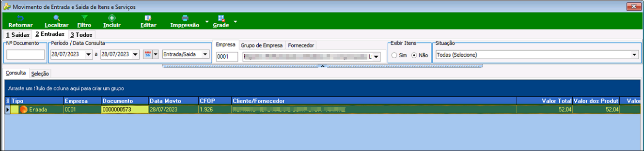 Tela Movimento de Entrada e Saída de Itens e Serviços, aba 2 Entradas, com um registro de Tipo Entrada, Empresa 0001, Documento 0000000573, Data Movto 28/07/2023, CFOP 1.926, Valor Total 52,04