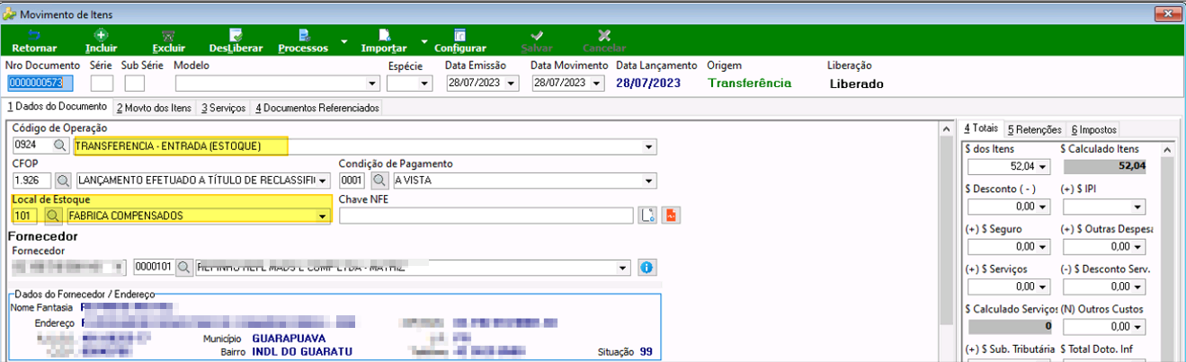 Tela Movimento de Itens com Nro Documento 0000000573, Código de Operação TRANSFERÊNCIA - ENTRADA (ESTOQUE), CFOP 1.924, Local de Estoque 101 FABRICA COMPENSADOS, Liberação Liberado, Data Movimento 28/07/2023