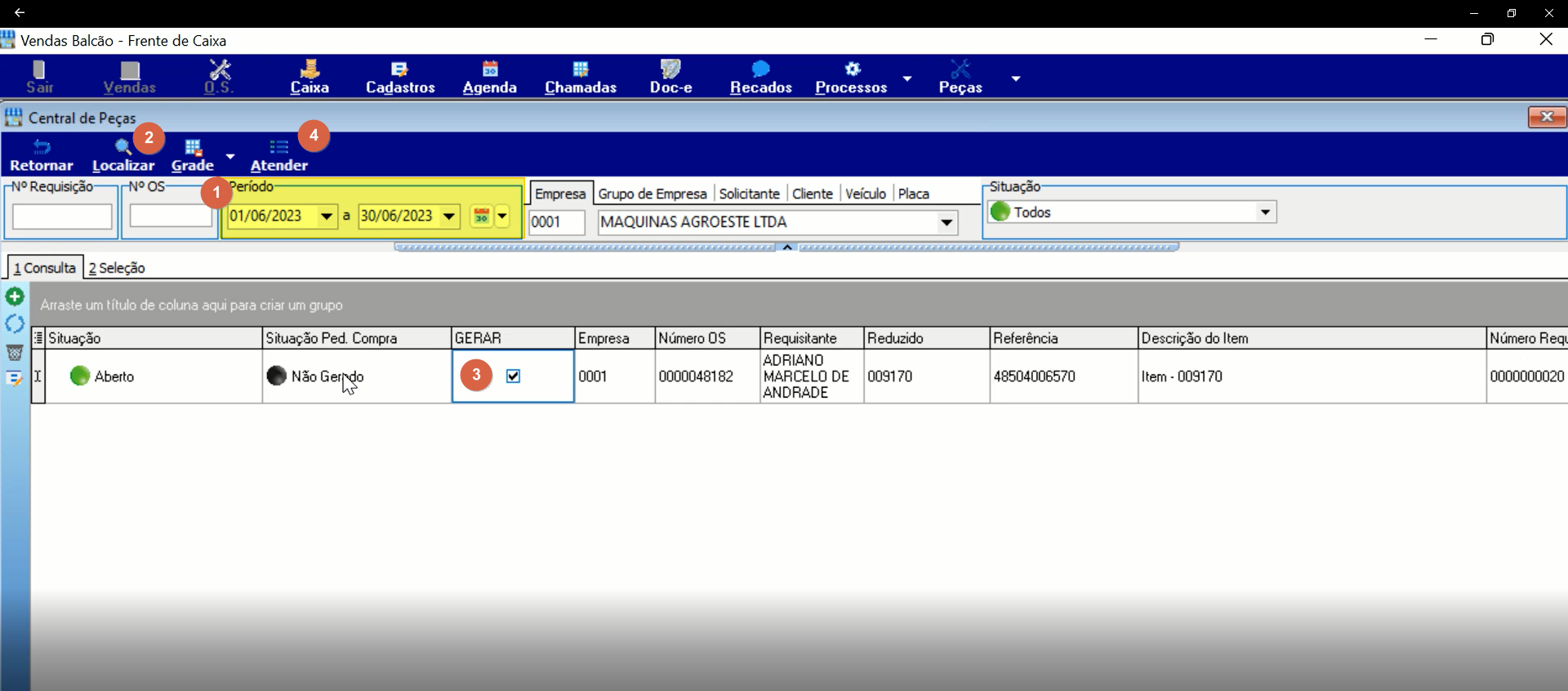 Tela Central de Peças com filtros de período preenchidos, grade exibindo a O.S. 0000048182 com Situação Aberto, Situação Ped. Compra Não Gerado, GERAR marcado (checkbox), Requisitante Adriano Marcelo de Andrade, Reduzido 009170 e botões Localizar, Grade, Atender numerados