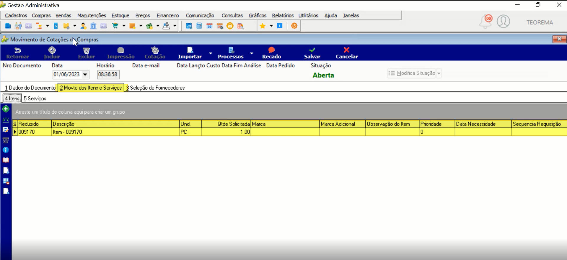 Tela Movimento de Cotações de Compras, aba 2 Movto dos Itens e Serviços (subaba 4 Itens), com o item importado: Reduzido 009170, Descrição Item – 009170, Und PC, Qtde Solicitada 1,00