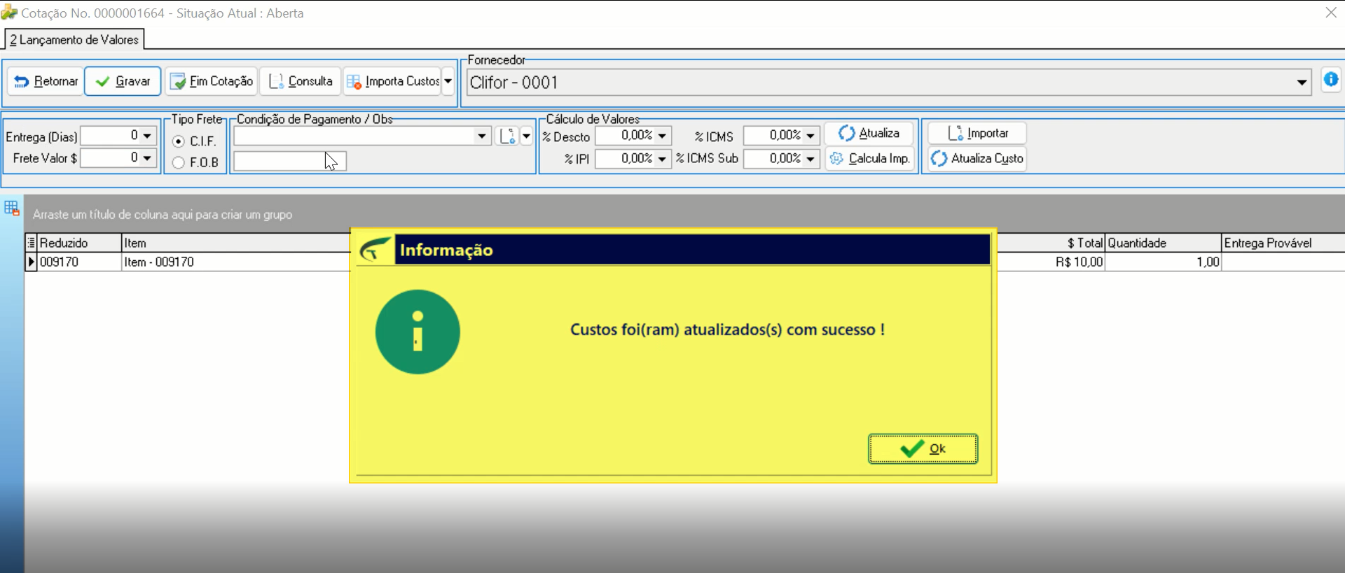 Tela Cotação com caixa de diálogo Informação exibindo a mensagem: Custos foi(ram) atualizado(s) com sucesso!, com botão Ok
