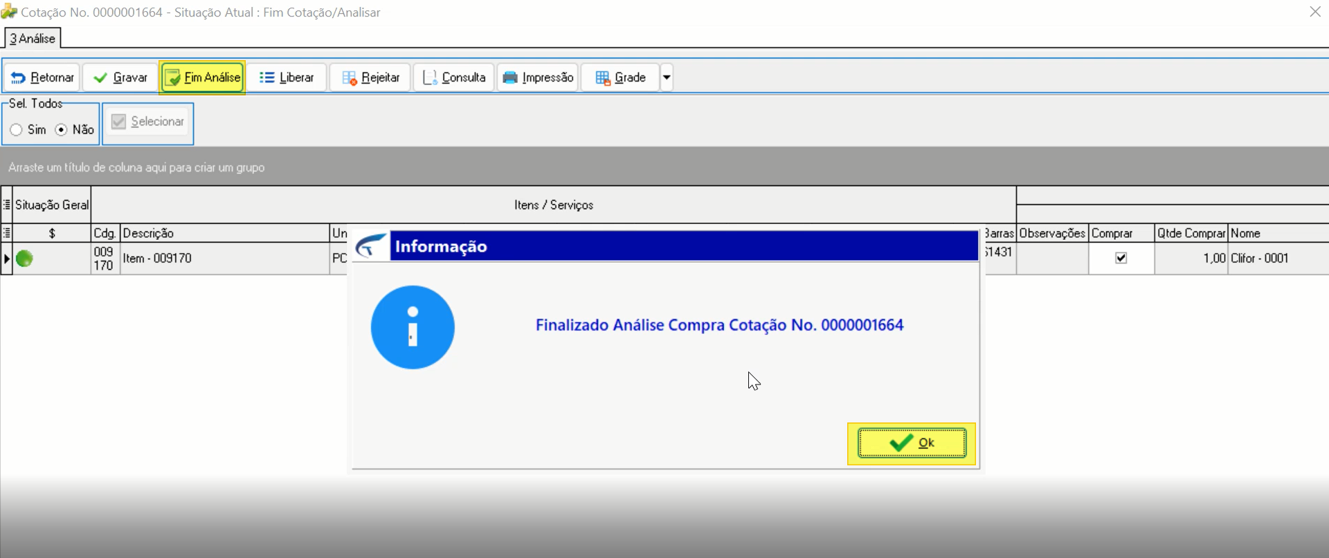 Tela Cotação No. 0000001664 – Situação Atual: Fim Cotação/Analisar, aba 3 Análise, com botão Fim Análise destacado na barra de ferramentas e caixa de diálogo Informação com a mensagem de confirmação, botão Ok