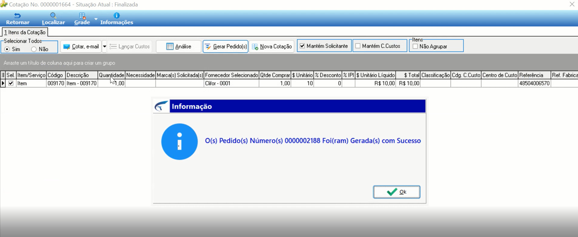 Tela Cotação No. 0000001664 – Situação Atual: Finalizada, com caixa de diálogo Informação exibindo: O(s) Pedido(s) Número(s) 0000002188 Foi(ram) Gerada(s) com Sucesso, botão Ok