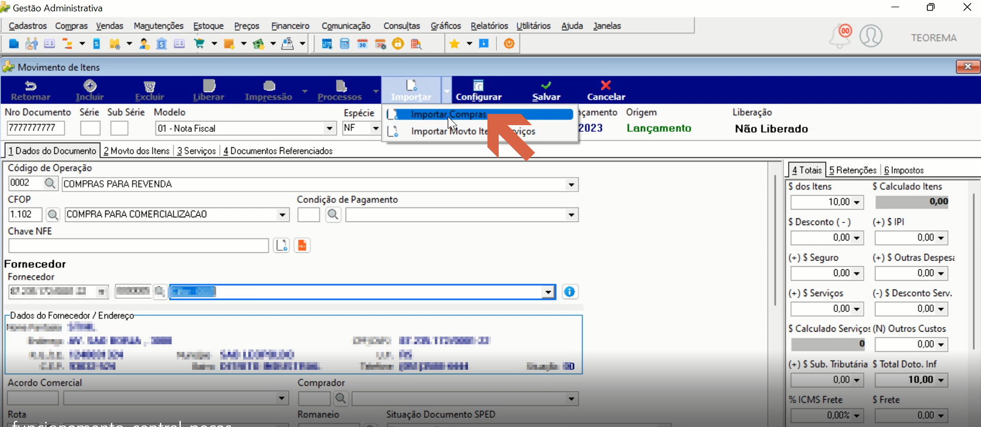 Tela Movimento de Itens com campos preenchidos: Espécie 01 – Nota Fiscal, Data Emissão 01/06/2023, Data Movimento 01/06/2023, CFOP 0002 1 102 COMPRA PARA COMERCIALIZAÇÃO, Fornecedor com dados preenchidos e botão Importar/Modo Importar destacado na barra de ferramentas