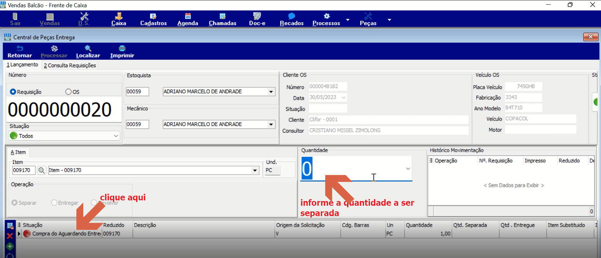 Tela Central de Peças Entrega com campo Item preenchido com 009170, Und PC, campo Quantidade com valor a informar e anotações indicando os campos a preencher