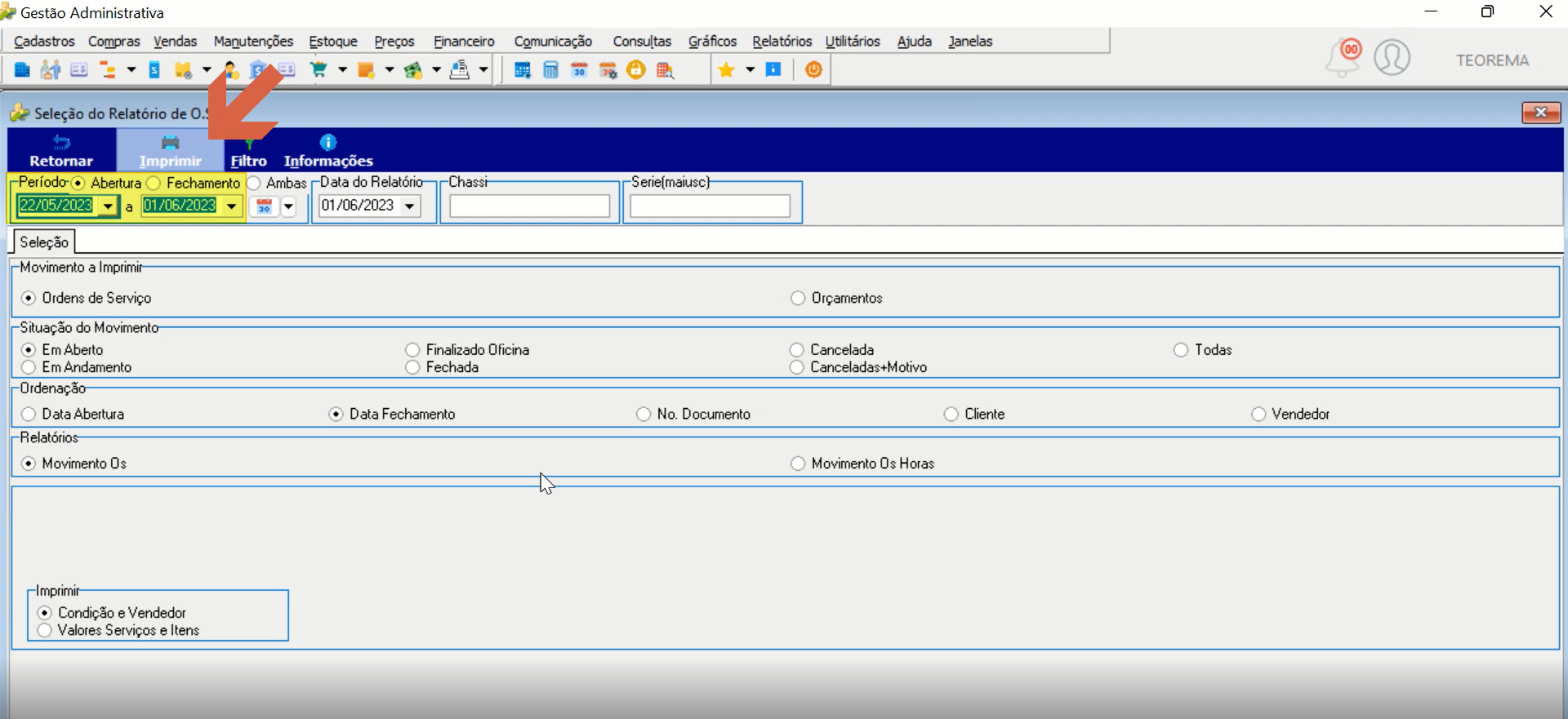Tela Seleção do Relatório de O.S. com período de abertura preenchido, opções Movimento a Imprimir: Ordens de Serviço, Situação do Movimento: Em Aberto, Ordenação: Data Fechamento, Relatórios: Movimento Os e Imprimir: Condição e Vendedor selecionados, botão Imprimir na barra de ferramentas
