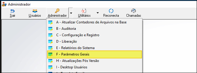 Menu Administrador com opção F - Parâmetros Gerais destacada