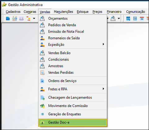 Menu Vendas do módulo Gestão Administrativa com item Gestão Doc-e destacado