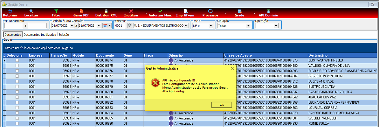 Tela Gestão Doc-e com diálogo de aviso indicando que o acesso à API Domínio não foi configurado e orientando a realizar a configuração