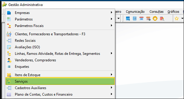 Menu Gestão Administrativa com o item Serviços destacado na lista de opções de Cadastros