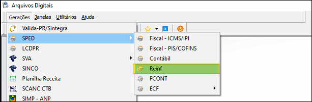 Menu Arquivos Digitais com o submenu SPED expandido e a opção Reinf destacada