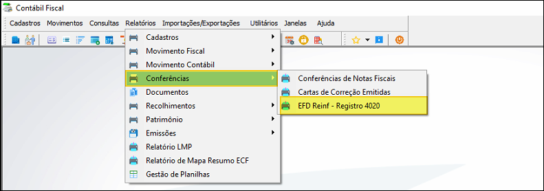 Menu Contábil Fiscal com o submenu Conferências expandido e a opção "EFD Reinf - Registro 4020" destacada