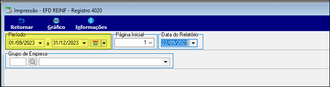 Tela Impressão – EFD REINF – Registro 4020 com campos Período (01/09/2023 a 31/12/2023), Página Inicial, Data do Relatório (22/09/2023) e Grupo de Empresa
