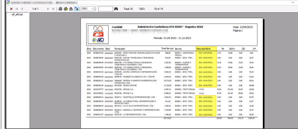 Relatório de Conferência EFD REINF – Registro 4020 exibindo lista de documentos com colunas Fornecedor, Total Serviço, Serviço, Natureza Rend., Pis, Cofins, Csll e Inrf; registros com campo Natureza destacado em amarelo como "SEM NATUREZA"